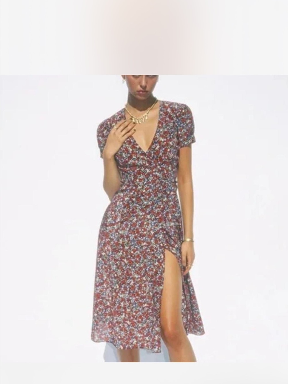 Realisation Par Burgundy Floral V-Neck Midi Dress with Side Slit